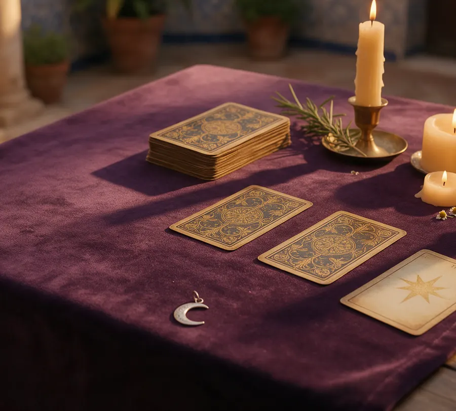 Velas encendidas y cartas de tarot sobre terciopelo morado.